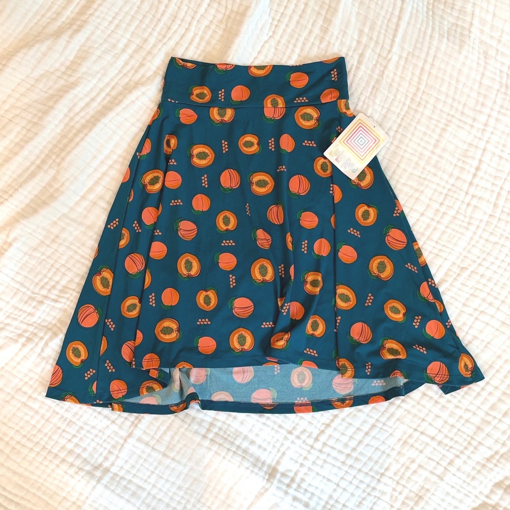 LuLaRoe‎ Kids Peach Fruit Print Teal Circle Skirt Size 8 Cottagecore Whimsical